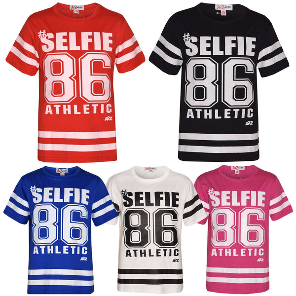 Girls Top Kids Designer's #Selfie 86 Athletic Print Fashion T Shirt Top 7-13 Yr