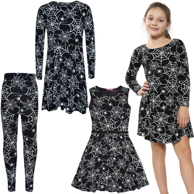 A2Z 4 Kids Girls Halloween Dresses Spider Web Skater Swing Dress Fancy Outfit Legging 3-13 Years - A2Z 4 Kids