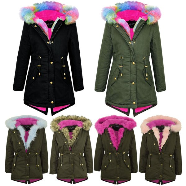 Kids Hooded Jacket Girls Fur Parka School Jackets Outwear Coat 5-13 Years