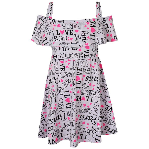 Kids Girls Off Shoulder Dress I Love Paris Print Summer Party Outfit Dresses
