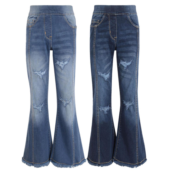 Kids Girls Denim Jeans Stretch Flare Ripped Bell Bottom Pants Jeggings Pants