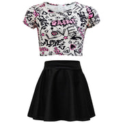 A2Z 4 Kids Girls Love Graffiti Scribble Print Crop Top & Black Skater Skirt Set Age 7 8 9 10 11 12 13 Years - A2Z 4 Kids