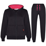 A2Z 4 Kids Plain Tracksuit Contrast Black And Pink Fleece Hoodie with Joggers Jogging Pants Sports Sweatpants Activewear Outfit Set For Childrens Girls Age 5-13 Years