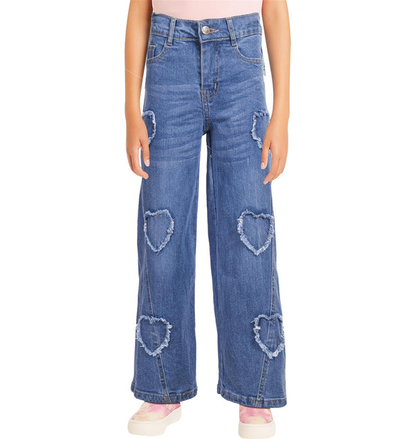 Kids Girls High Waist Wide Leg Denim Palazzo Jeans Distressed Heart Trousers