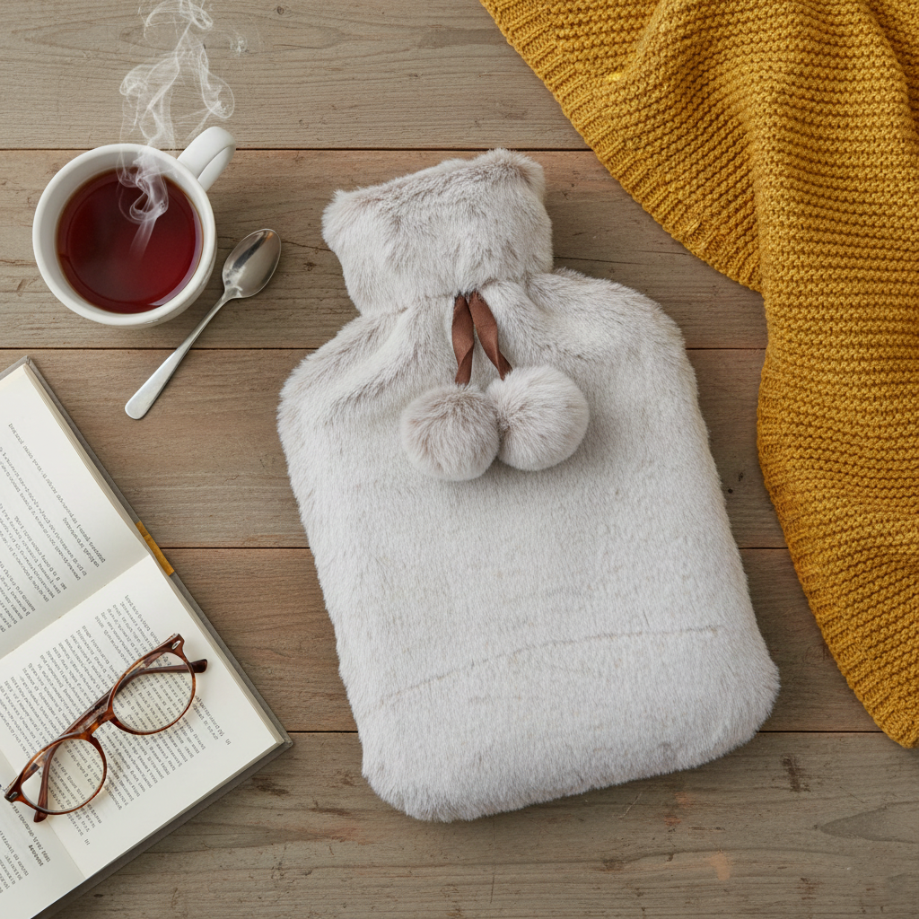 A2Z Hot Water Bottles Soft Husky Plush Pom Pom 2 Liter Fleece Cover Heat Therapy