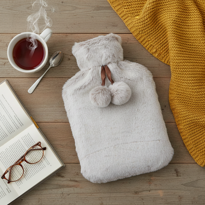 A2Z Hot Water Bottles Soft Husky Plush Pom Pom 2 Liter Fleece Cover Heat Therapy