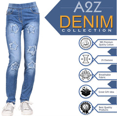 Kids Girls Denim Stars Ripped Jeans Comfort Stretchy Skinny Fashion Pants