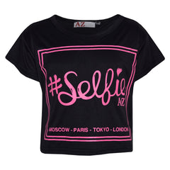 Girls Top Kids Selfie Print Stylish Crop Top & Skater Skirt Set Age 7-13 Years