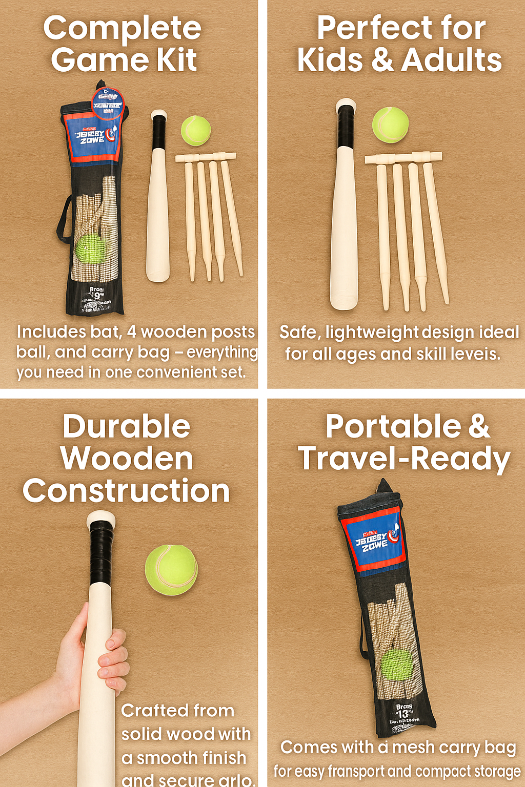 A2Z 6 Piece Wooden Rounders Set Outdoor Baseball Bat Active Game With Carry Bag