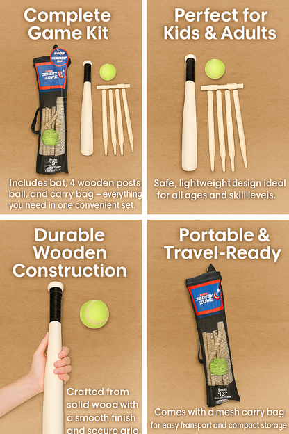 A2Z 6 Piece Wooden Rounders Set Outdoor Baseball Bat Active Game With Carry Bag