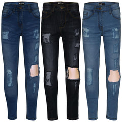 Kids Girls Stretchy Jeans Denim Ripped Faded Skinny Fashion Frayed Pant Jeggings