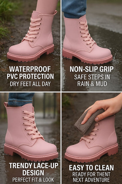 A2Z Womens Wellington Boots Lace Up Pink Waterproof PVC Rain Shoes Ankle Wellies