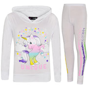 A2Z 4 Kids Girls Dabbing Unicorn Unique Tracksuit Kids Designer's Rainbow Floss Hooded White Top & Legging Lounge Wear New Age 7 8 9 10 11 12 13 Years