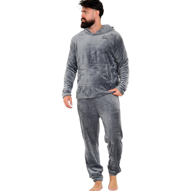 Mens Pyjamas Soft Warm Fleece Adults Hooded Pyjamas 2 Piece Gift Set For Mens