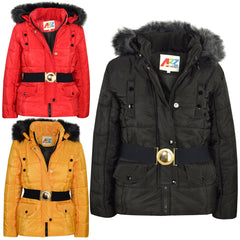 Kids Girls Puffer Jackets Faux Fur Hooded Zipped Belted Coats Age 5-13 Years