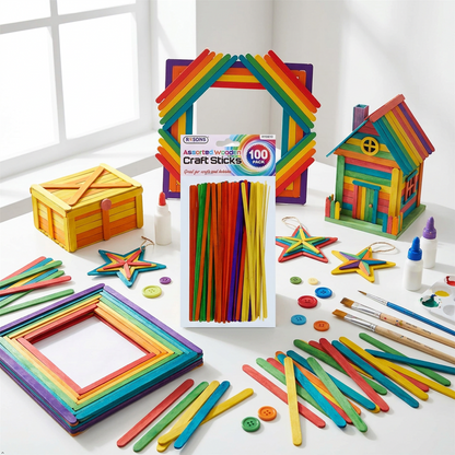 A2Z Assorted Wooden Craft Sticks 100 Pack Colour Popsicle Art Supplies 19cm