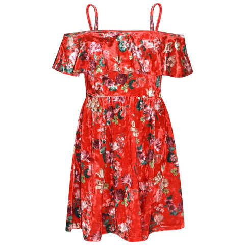 Kids Girls Skater Dress Floral Red Summer Party Off Shoulder Dresses 7-13 Years