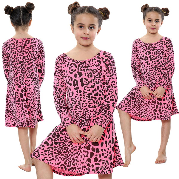 Girls Swing Dress Leopard Top Summer Trendy Top Skater Dresses 5-13 Years