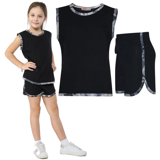 A2Z 4 Kids Girls Vest Top And Shorts 100% Cotton Camouflage Charcoal Taped Trendy Summer Vests Hot Pant Short Outfit Set New Age 5 6 7 8 9 10 11 12 13 Years