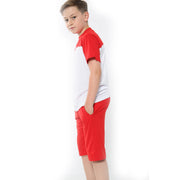 A2Z 4 Kids Two Colour Block Contrast Panel Red Top & Shorts Set Short Sleeves T Shirt Summer Outfit 2 Piece Activewear Girls Boys Age 5-13 Years