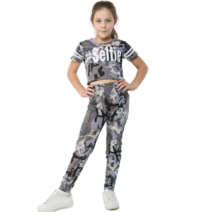 Girls Tops Kids Designer's #Selfie Camouflage Print Crop Top Legging Set 5-13 Yr