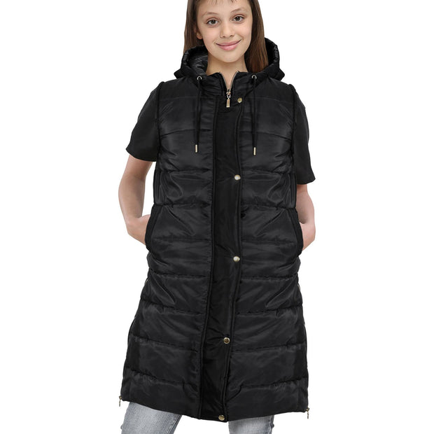 A2Z Kids Girls Fashion Oversized Hooded Quilted Gilet Black Color Padded Long Line Vest Jacket Long Sleeveless Coat Urban Winter Wear Coat 7-13 Years