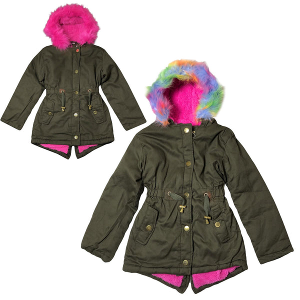 Kids Girls Faux Fur Parka Jacket Hooded Unused Slightly Faded Marks Damaged 2-7