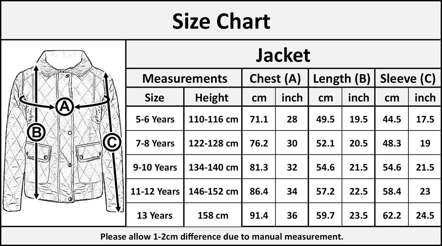 Kids Jackets Girls Quilted Padded Collar Buttoned Zipped Jacket Age 5-13 Years