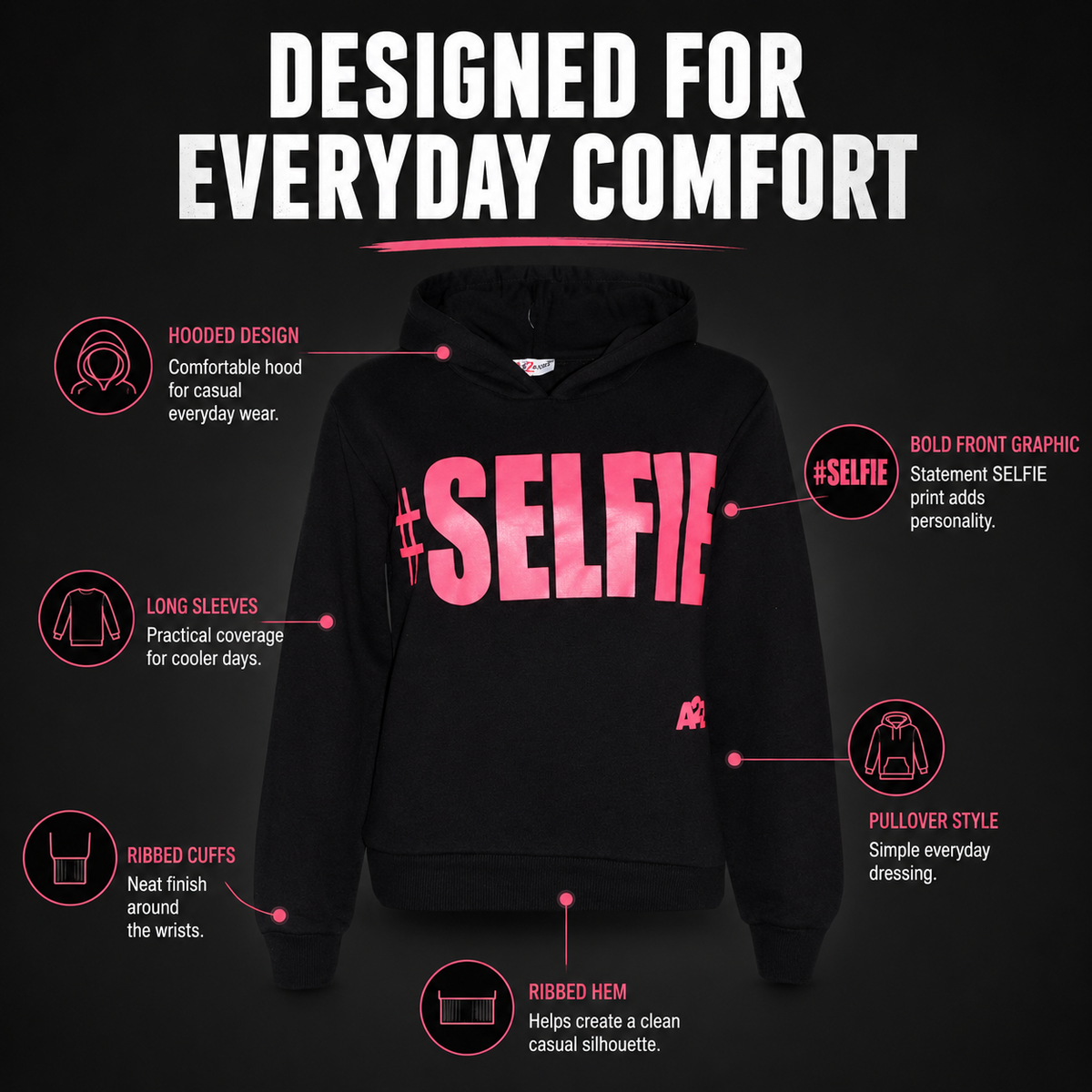 Kids Girls Boys Sweat Shirts Tops #Selfie Hooded Jumpers Hoodies New Age 2-13 Yr