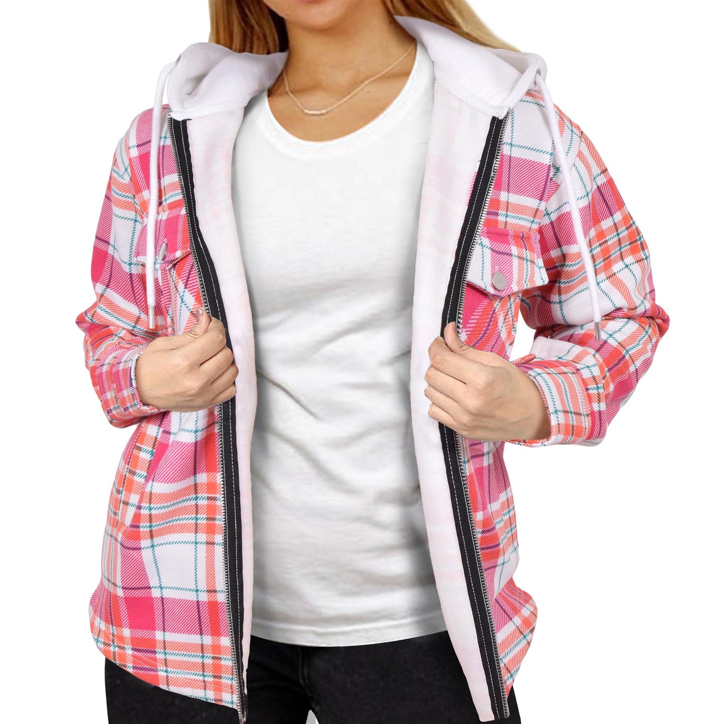 A2Z Ladies Shacket Shirt Jacket Checked Zipped Top Hooded Warm Coat Size S-4XL