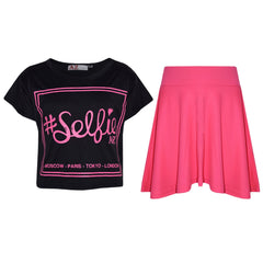 Girls Top Kids Selfie Print Stylish Crop Top & Skater Skirt Set Age 7-13 Years