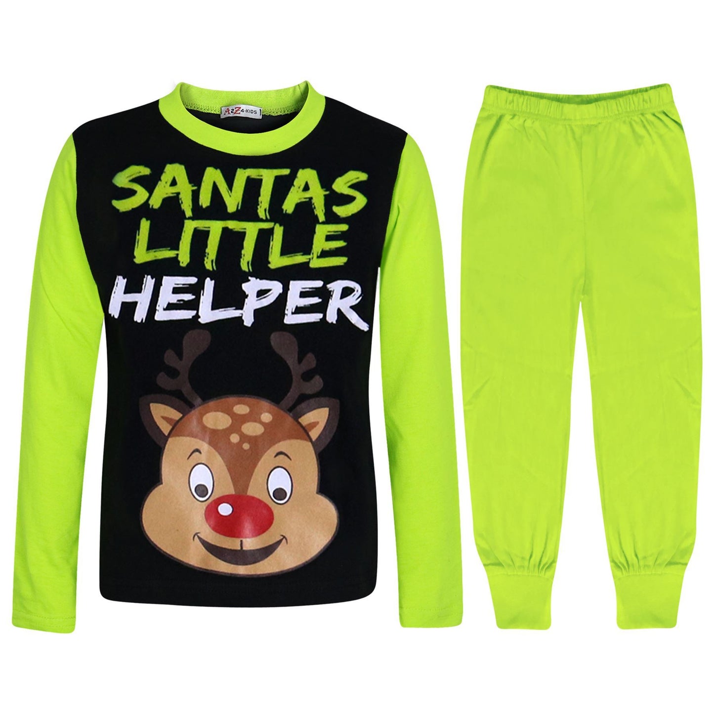 Kids Girls Boys Pyjamas Santas Little Helper Reindeer Contrast Sleeves Xmas PJS