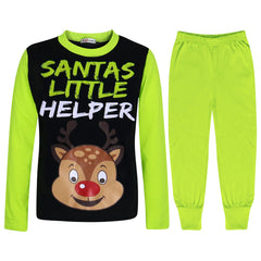 Kids Girls Boys Pyjamas Santas Little Helper Reindeer Contrast Sleeves Xmas PJS