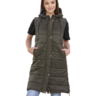 A2Z Kids Girls Fashion Gilet Olive Padded Long Line Vest Jacket Oversized Hooded Quilted Long Sleeveless Coat Urban Winter Wear Coat 7 8 9 10 11 12 13 Years