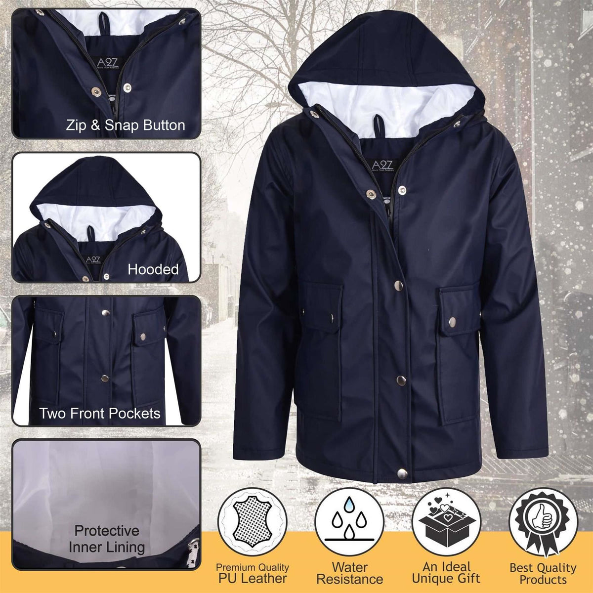 PU Raincoat Jacket Windbreaker Waterproof Parka Hooded For Girls Boys Age 5-13 Years