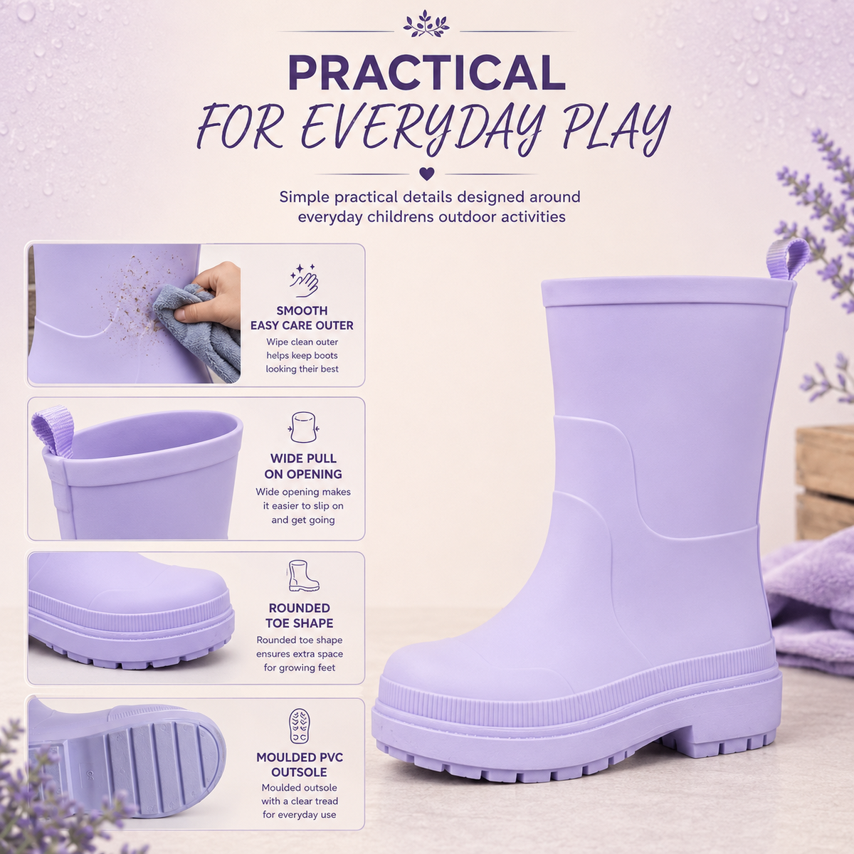 Kids Girls Wellington Wellies Non-Slip Waterproof Lightweight Rain Boots