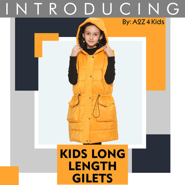 A2Z Kids Girls Down Vest Fashion Oversized Mustard Hooded Quilted Gilet Padded Long Line Vest Jacket Long Sleeveless Coat Urban Winter Wear Age 7-13 Years