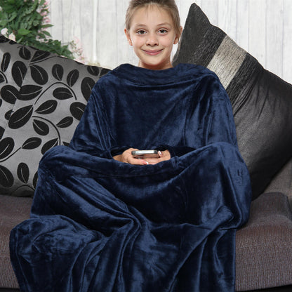 Girls Boys Unisex Navy Wearable Snuggle Sleeves Blanket Super Soft Warm Fleece