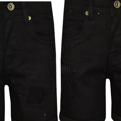 Kids Boys Ripped Jet Black Denim Shorts Comfort Stretch Jeans Trouser Pants 5-13