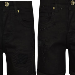 Kids Boys Ripped Jet Black Denim Shorts Comfort Stretch Jeans Trouser Pants 5-13