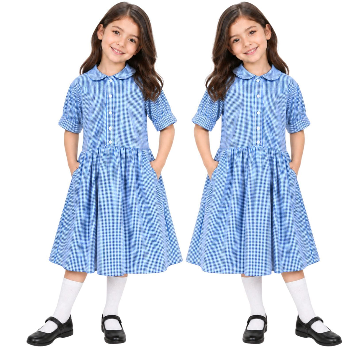 Girls School Gingham Dress Pack Of 2 Check Print Front Button Closure Dresses