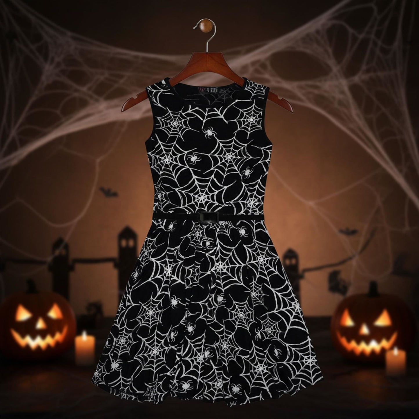 Girls Halloween Dresses Spider Web Print Sleevesless Skater Dress Fancy Costume