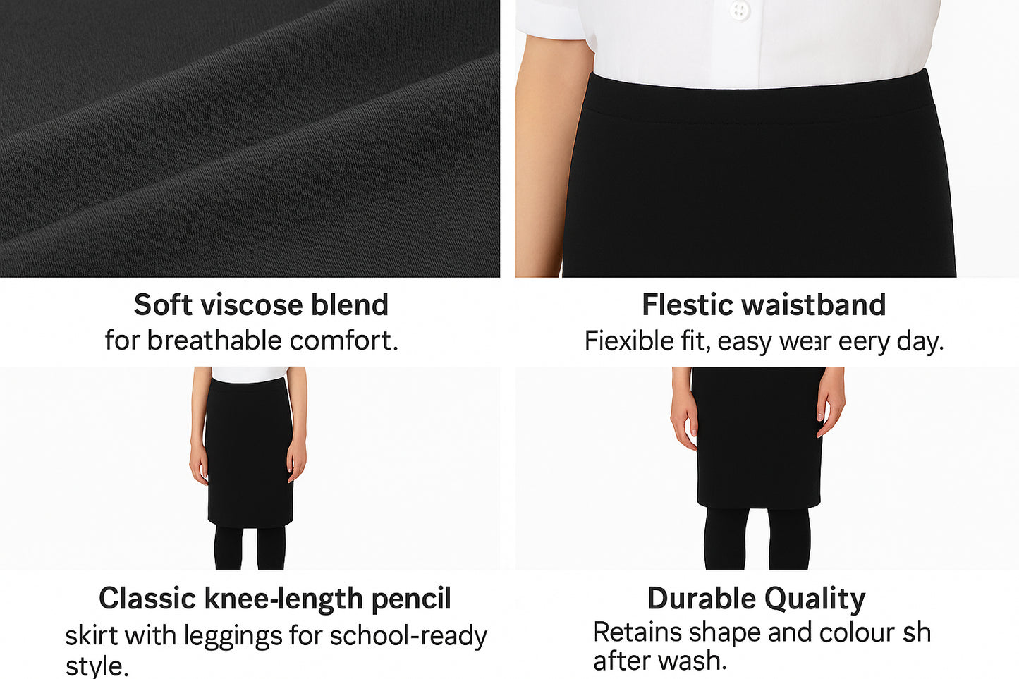 Kids Girls School Skirts Plain Pencil Skirt Elasticated Waist Uniform Skirt 7-13