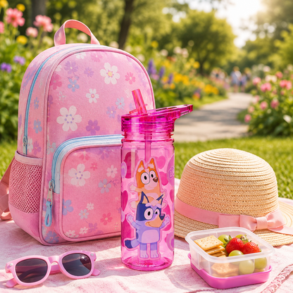 Bluey Kids Water Bottle 580ml Straw Carry Handle Reusable Plastic Drinks Bottle