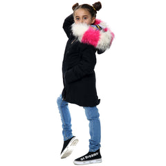 Kids Faux Fur Lined Parka Coat Rainbow Fur Hooded Jacket Girls Boys Age 2-13 Yrs