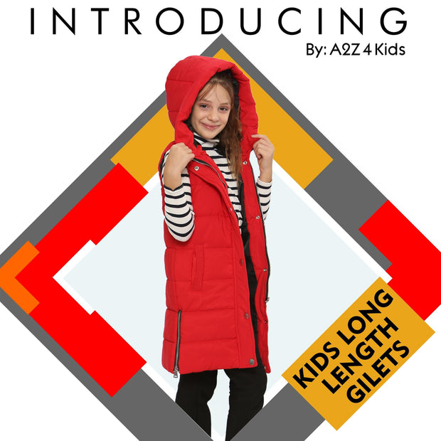 A2Z Kids Girls Down Vest Fashion Oversized Red Hooded Quilted Gilet Padded Long Line Vest Jacket Long Sleeveless Coat Urban Winter Wear