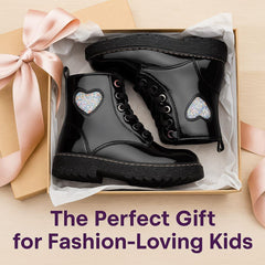 A2Z 4 Kids Girls Teens Ladies School Shoes Black Patent Glitter Heart Ankle Boot