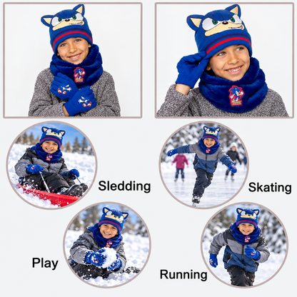 Sonic Boys Hat Gloves Snood Set Royal Blue Winter 3 Piece Officially Licensed