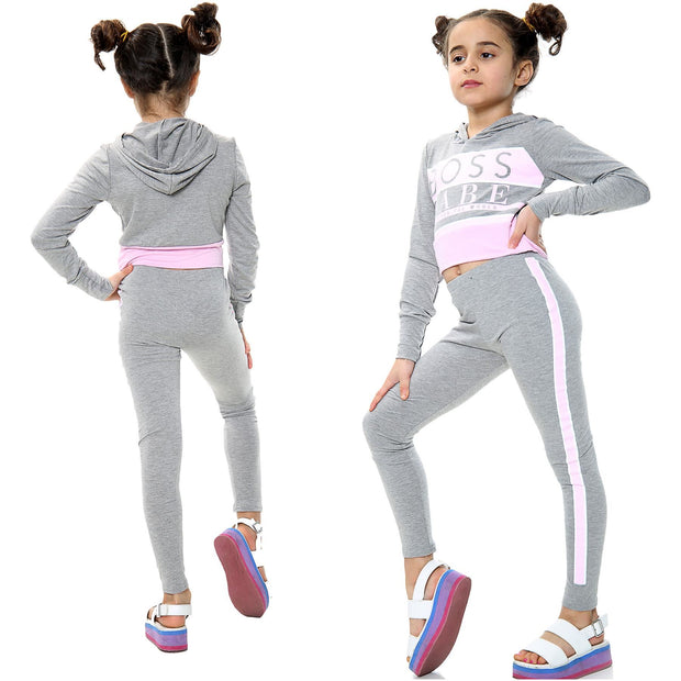 A2Z 4 Kids Girls Crop Top Boss Babe Printed Grey Hooded Long Sleeves Top & Trendy Fashion Legging Outfit Sets New Age 7 8 9 10 11 12 13 Years