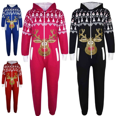 Kids Girls Boys Novelty Christmas Reindeer Print Fleece Onesie All In One Jumpsuit Attire Age 5-13 Years